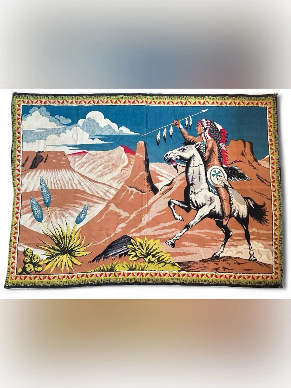Vintage Southwestern Native American Horse Rider Woven Tapestry Wall Hanging